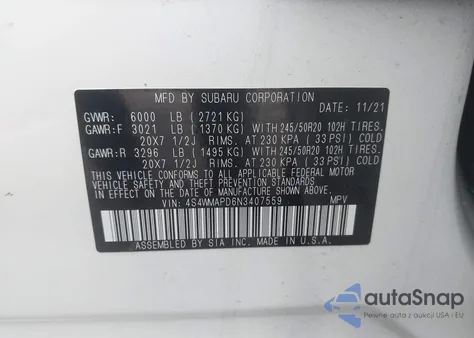 2022 Subaru Ascent Limited from USA, damaged, VIN 4S4WMAPD6N3407559
